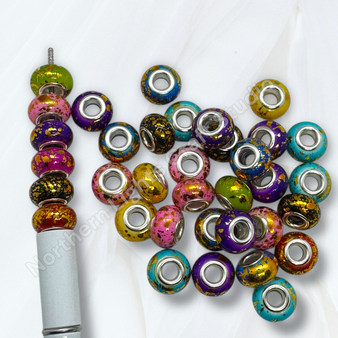Gold Splatter Colorful Wheel Acrylic Spacer 14mm Large Hole Bead Mix - 25pc.