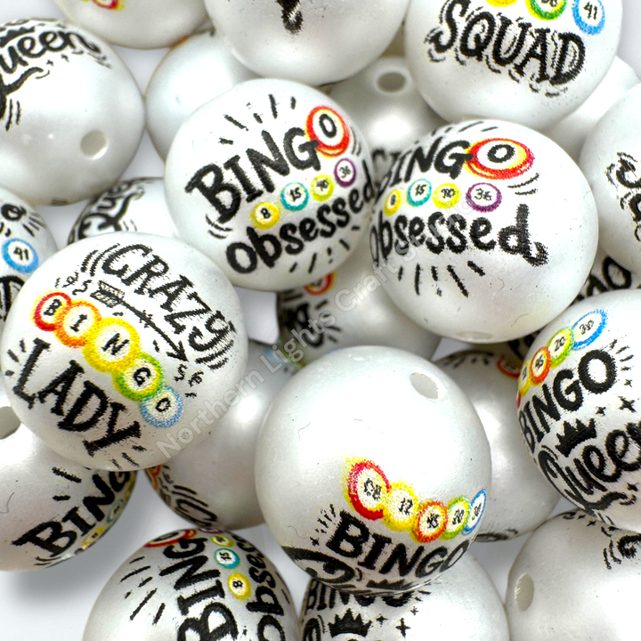 Bingo Printed Mix Matte White 16mm Acrylic Beads - 20pc. Mix