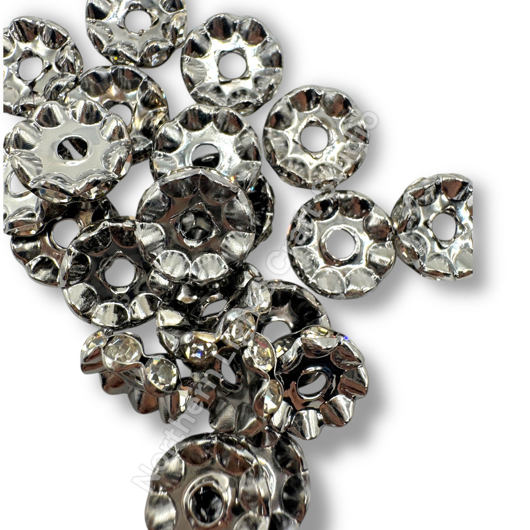 GunMetal Rhinestone 12mm Spacers -25pcs. (Clear or AB, Wavy or Round)