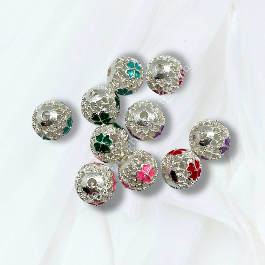 Copper Base Silver Clover Enamel 10mm Beads - 10pc.