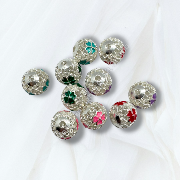 Copper Base Silver Clover Enamel 10mm Beads - 10pc.