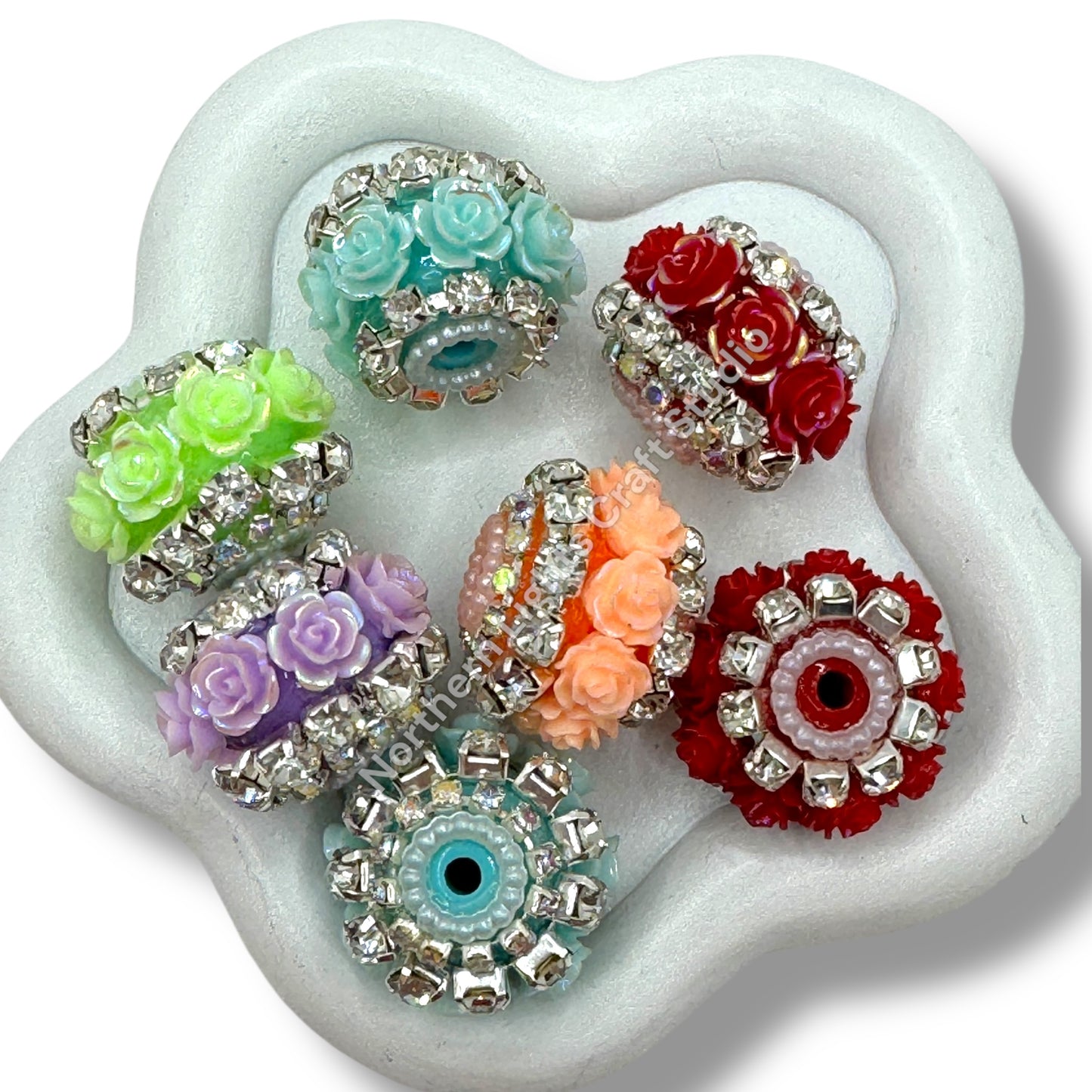 Flower Indian Beads with Silver Accent and Rhinestones - 5pc. Mix