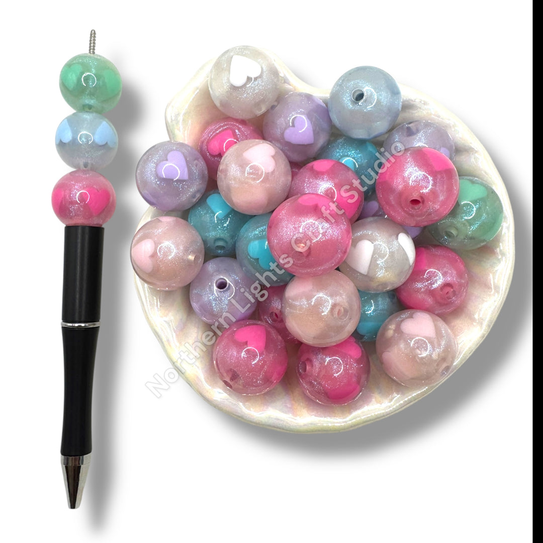 20MM Printed Glitter Heart Bead Mix Sping Colors -10pcs.
