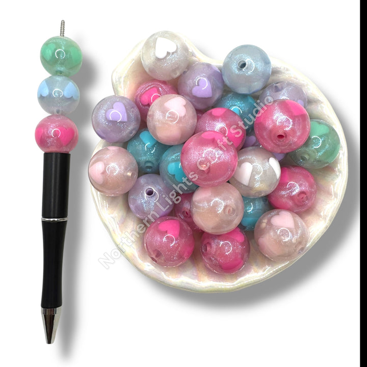 20MM Printed Glitter Heart Bead Mix Sping Colors -10pcs.