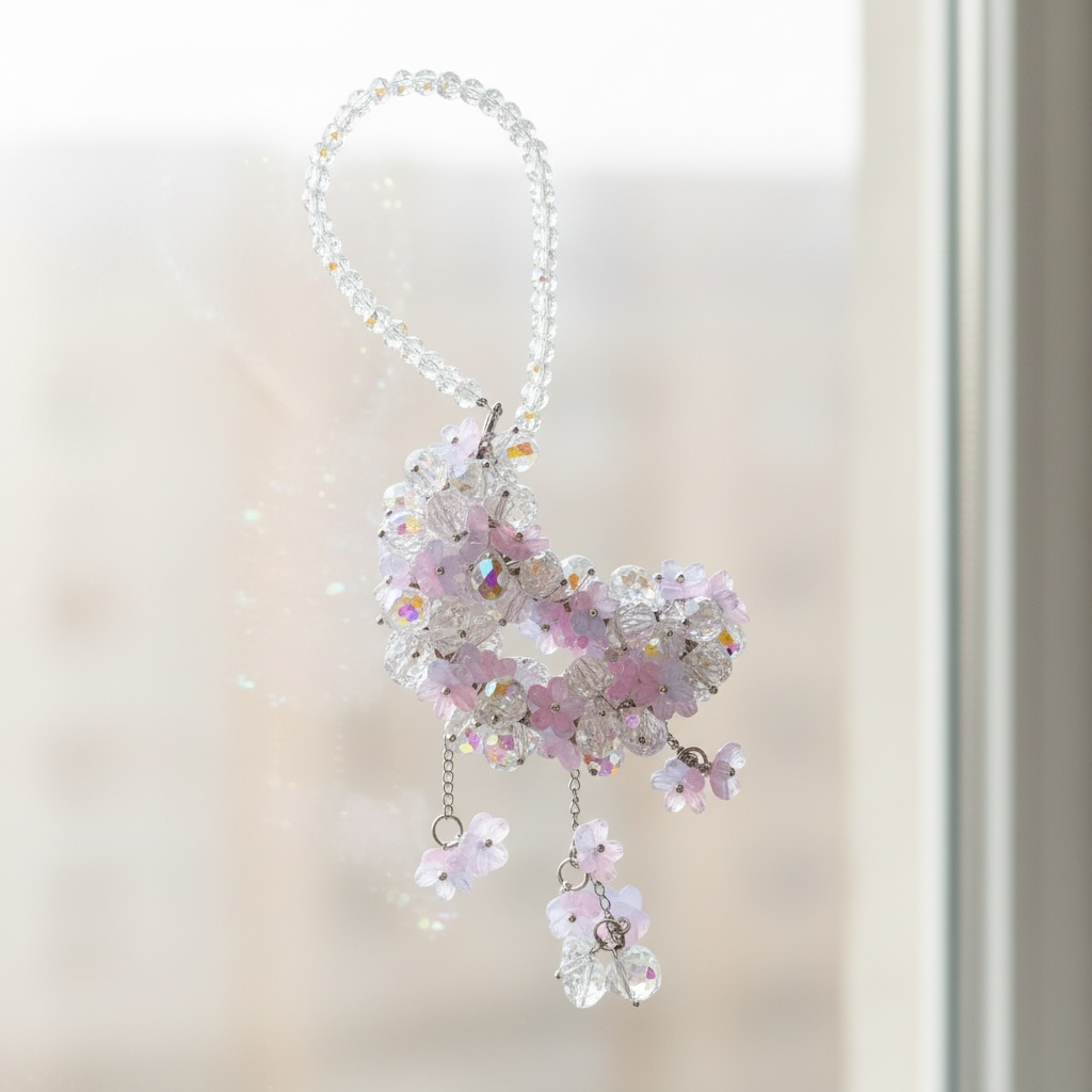 Pink Crystal and Flower With Gold Pins Crystal Moon Suncatcher / Moon Car Charm