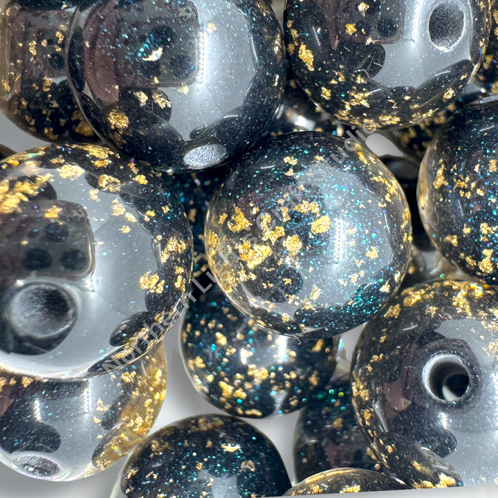 Black Galaxy Glitter Gold Flake 16mm Resin Beads -20pc.