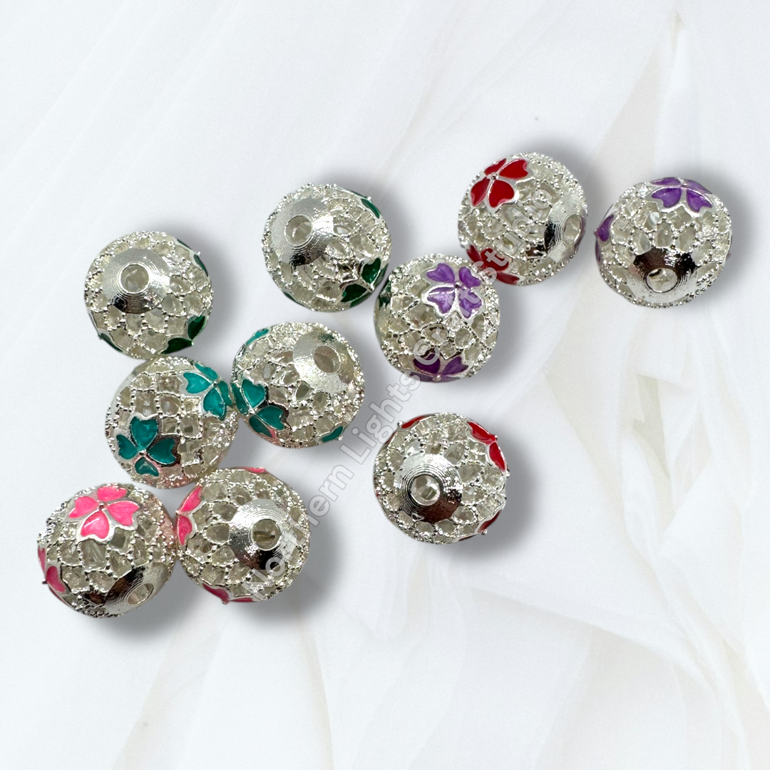 Copper Base Silver Clover Enamel 10mm Beads - 10pc.