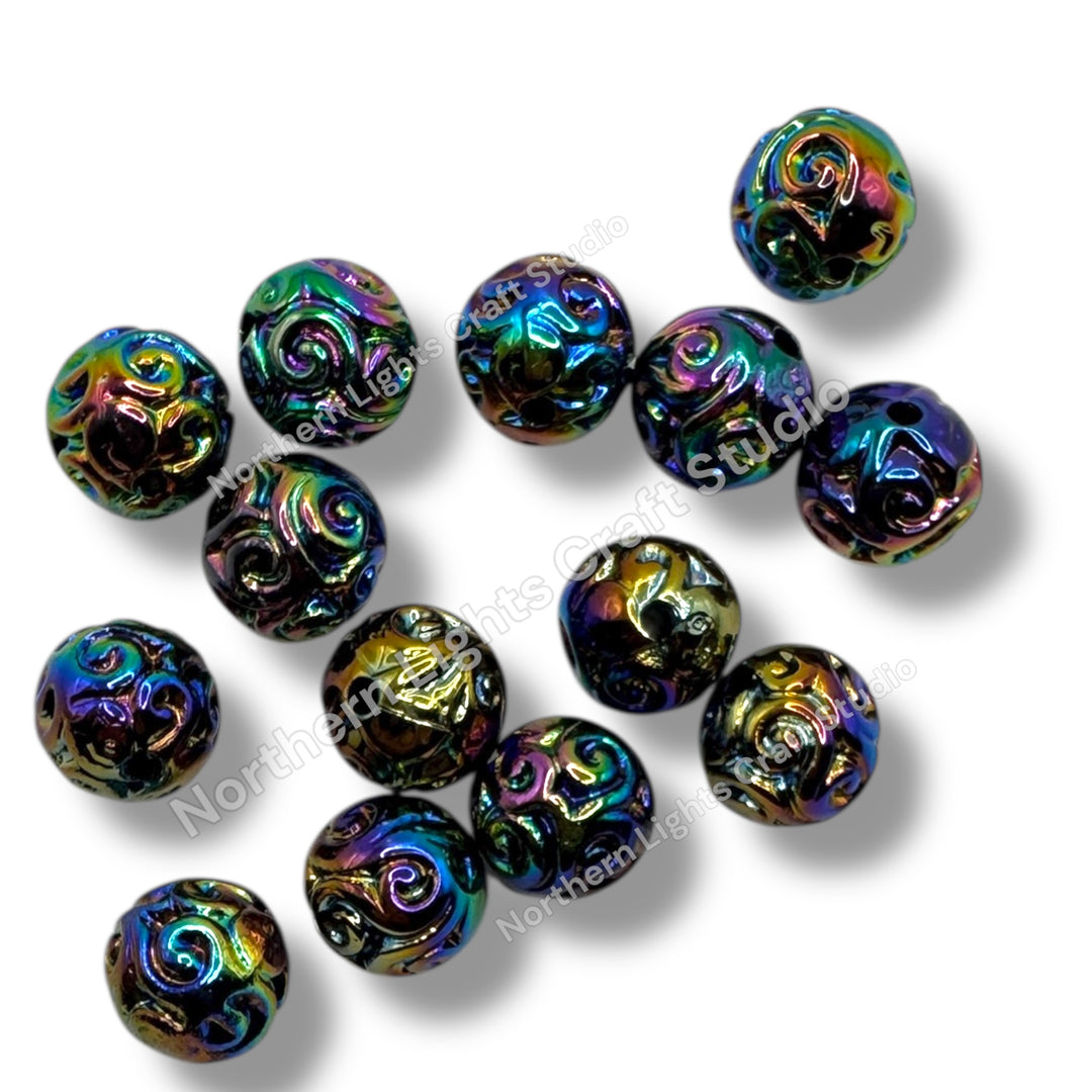 16mm Black UV Swirl Carved Beads -10pc.