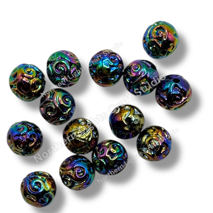 16mm Black UV Swirl Carved Beads -10pc.