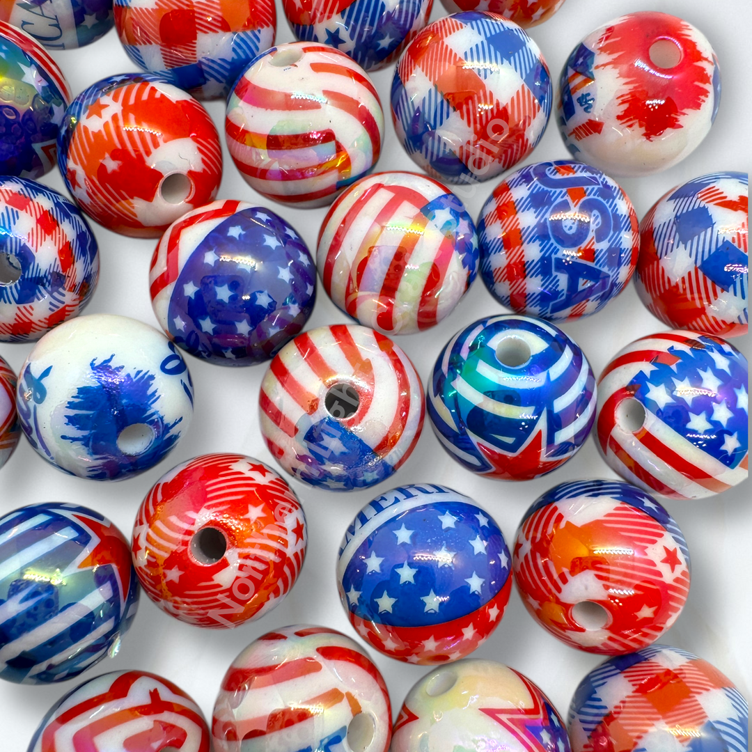 4th of July Theme UV Printed 16mm Beads - 20pc.