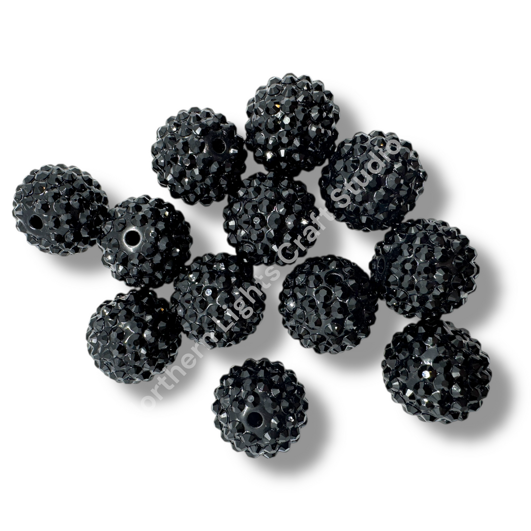 Black 20mm Acrylic Rhinestone Bubblegum Beads - 10pc.