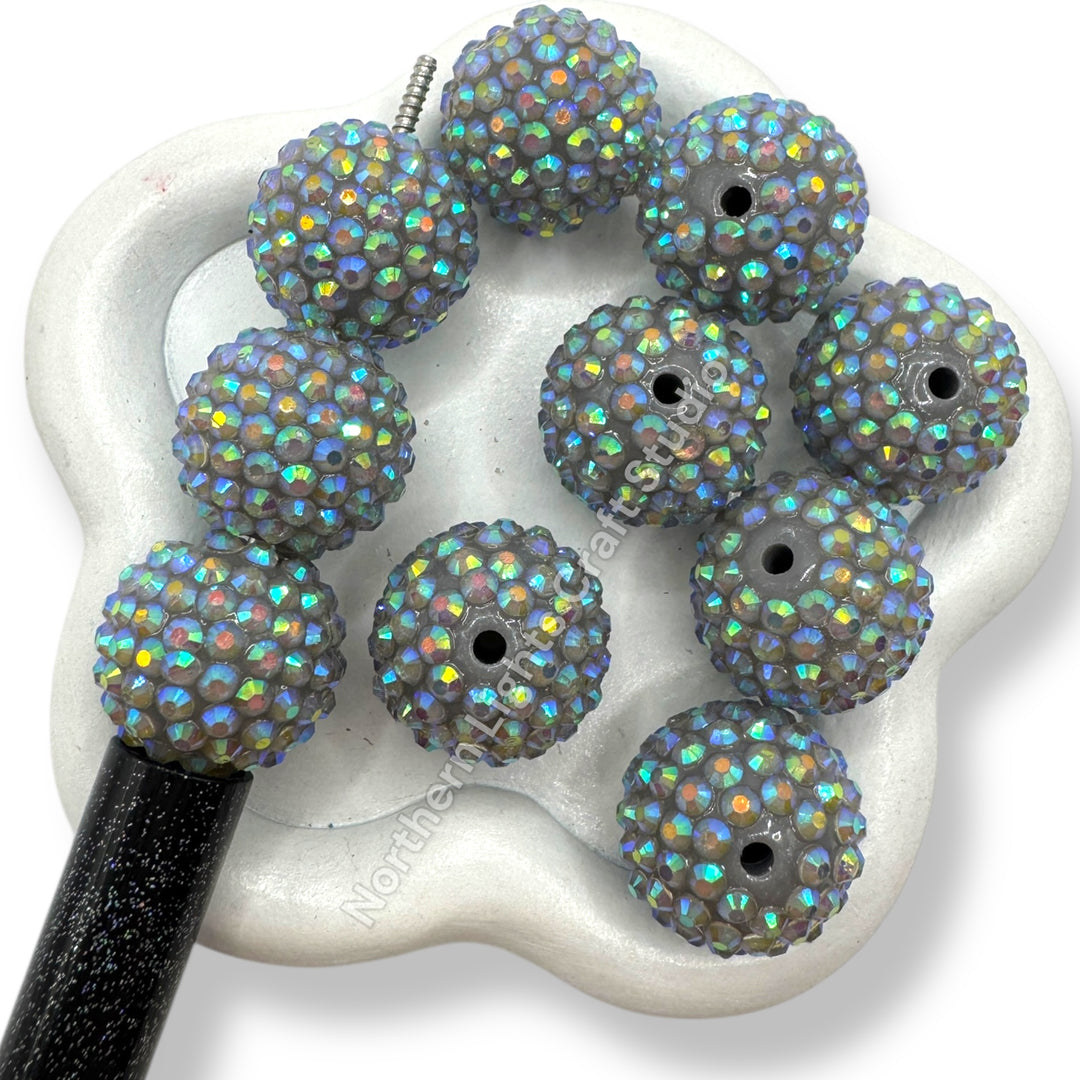 Grey AB 20mm Acrylic Rhinestone Bubblegum Beads - 10pc.