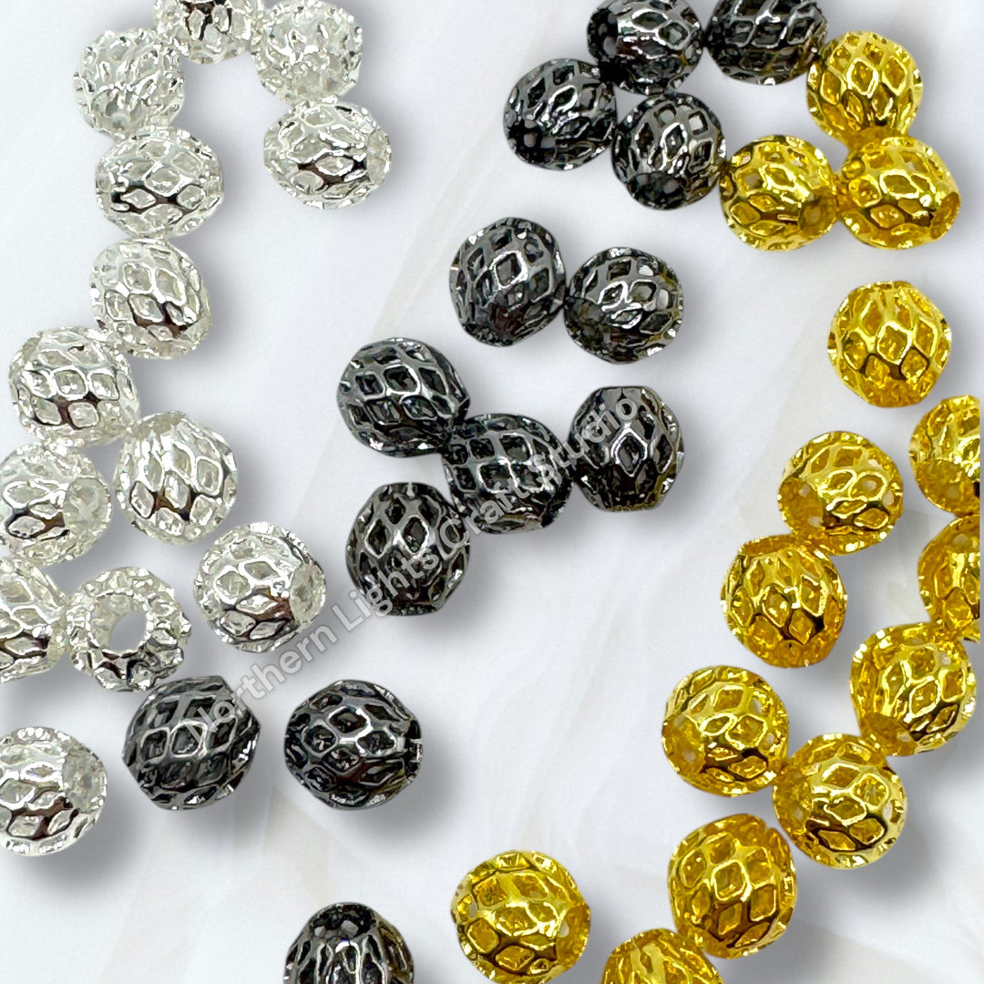 Lattice Design Metal Round 8mm Spacer Beads for Pens or Jewelry - 25pc.