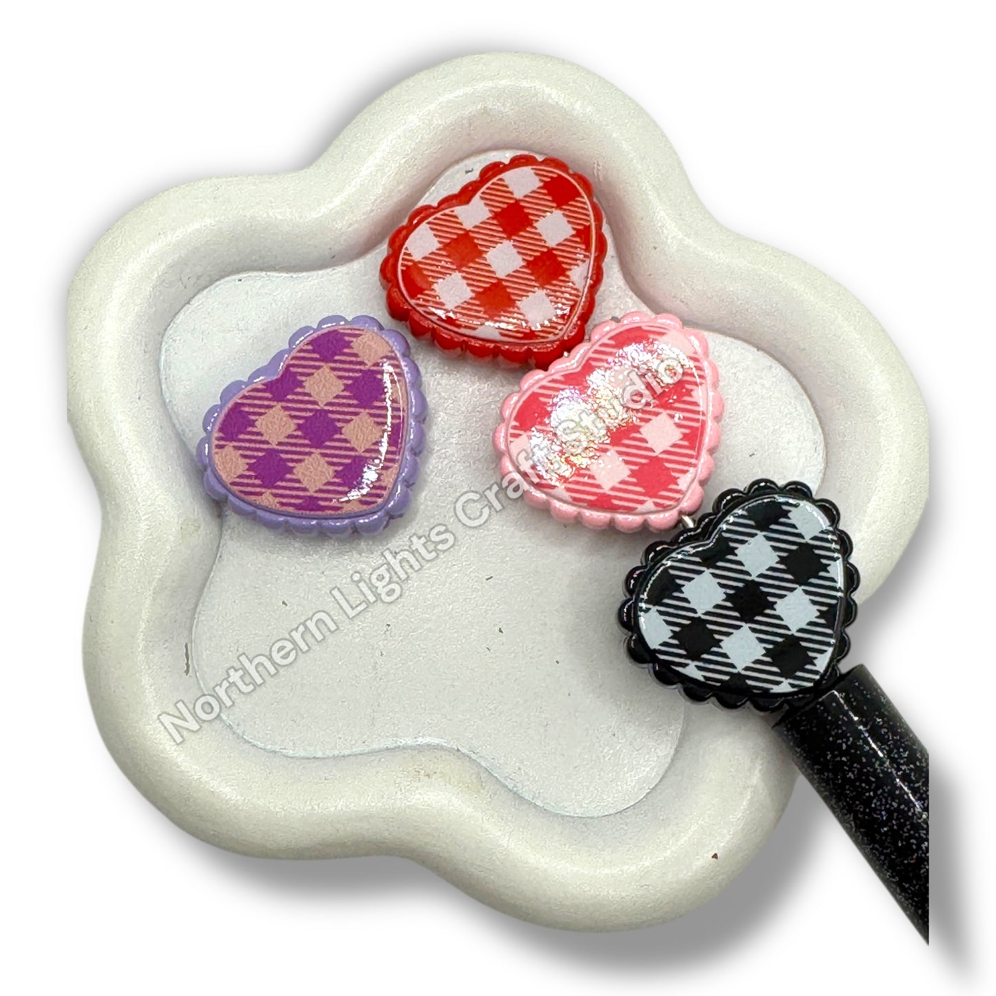 Checker Print Lace Heart Beads -10pc.