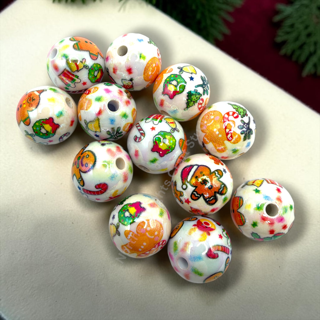 Cute Holiday Gingerbread Printed UV Acrylic 16mm Bead -20 pc.