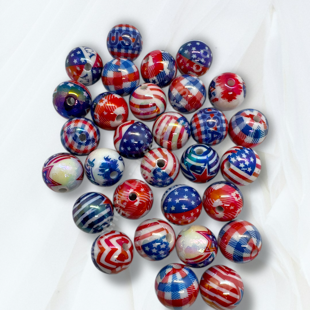 4th of July Theme UV Printed 16mm Beads - 20pc.