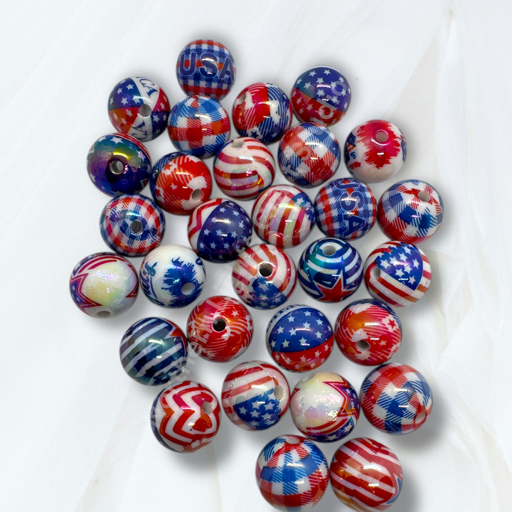 4th of July Theme UV Printed 16mm Beads - 20pc.