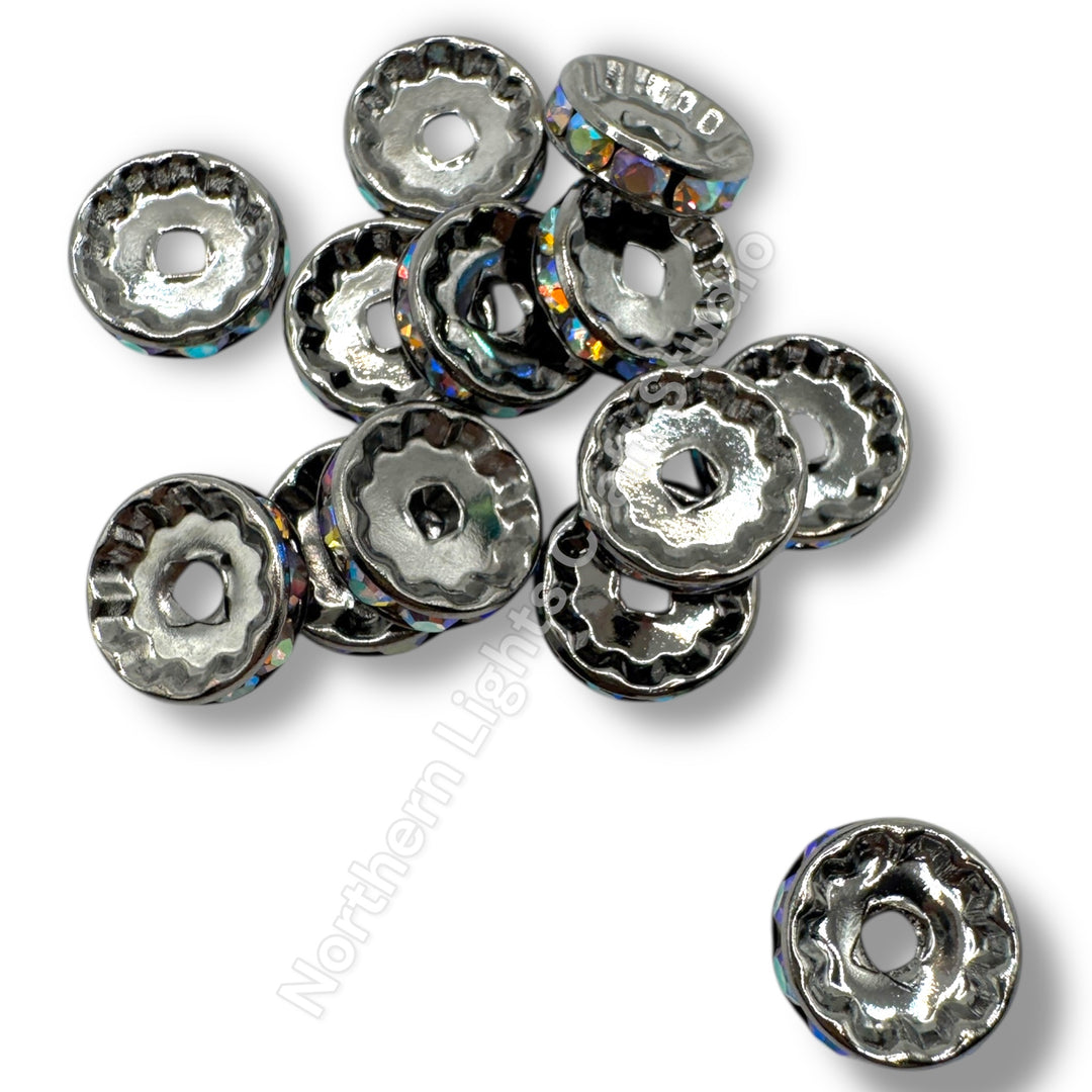 GunMetal Rhinestone 12mm Spacers -25pcs. (Clear or AB, Wavy or Round)