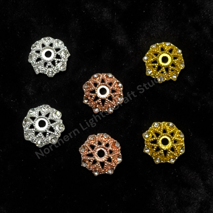 Metal  Flower Star Bead Cap With Rhinestones - 16mm -10pc.