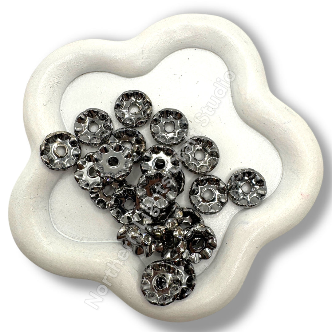 GunMetal Rhinestone 12mm Spacers -25pcs. (Clear or AB, Wavy or Round)