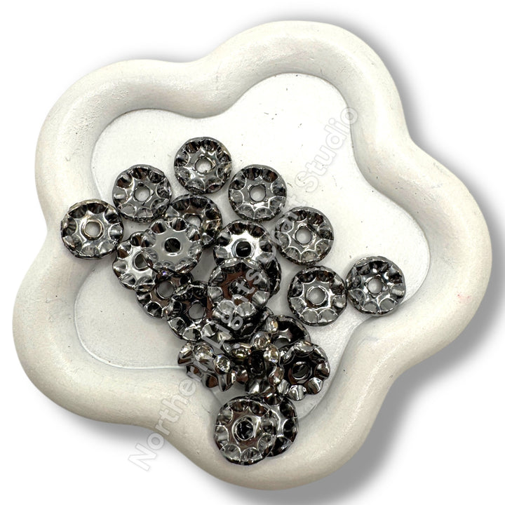 GunMetal Rhinestone 12mm Spacers -25pcs. (Clear or AB, Wavy or Round)