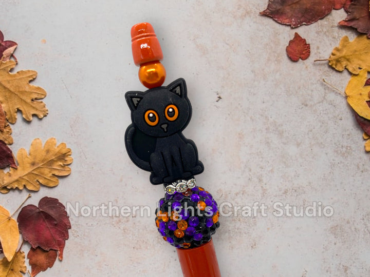 Halloween Custom Bead Pen, Bling Pen, Black Cat Pen, Spooky Pen, Ghost Pen, Rhinestone Pen, Trick or Treat, Cute Cat, Black Cat, Witch Hat