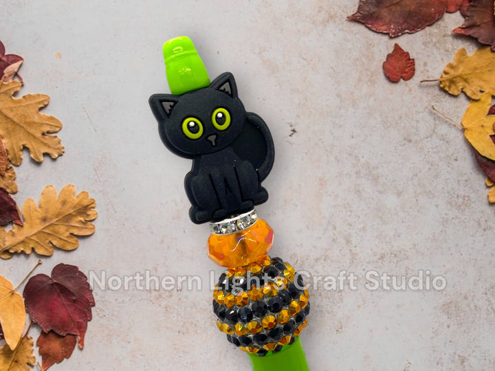 Halloween Custom Bead Pen, Bling Pen, Black Cat Pen, Spooky Pen, Ghost Pen, Rhinestone Pen, Trick or Treat, Cute Cat, Black Cat, Witch Hat