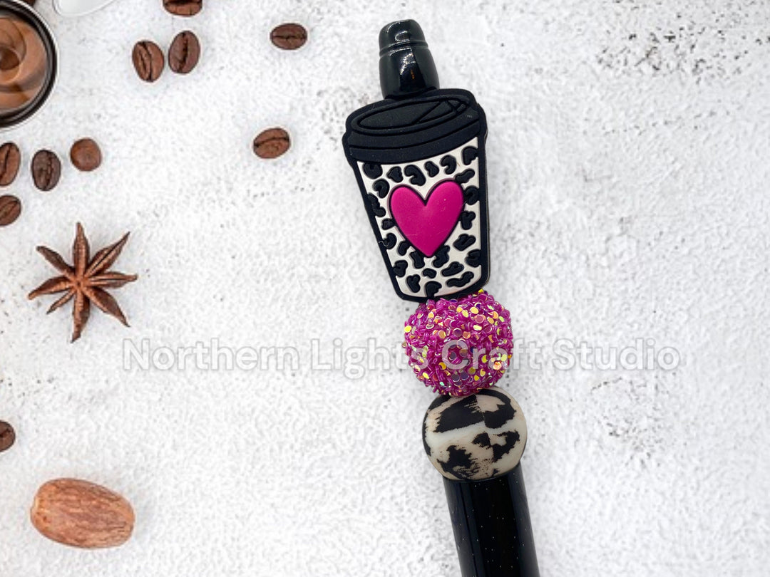 Custom Coffee Pen, Beaded Coffee Pen, Bling Pen, Bling Coffee Pen, Gift for Coffee Lovers, Gourmet Coffee Pen, Animal Print Coffee Cup Bead