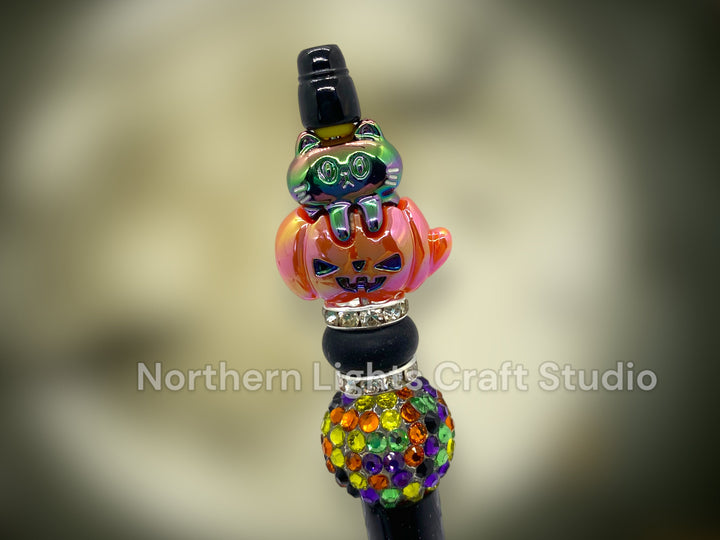 Handmade Halloween Bead Pens, Beaded Halloween Pens, Halloween Bead Pens, Pumpkin Cat Pen, Bling Halloween Pens, Handmade Halloween Beads