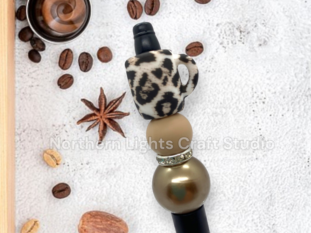 Custom Coffee Pen, Beaded Coffee Pen, Bling Pen, Bling Coffee Pen, Gift for Coffee Lovers, Gourmet Coffee Pen, Animal Print Coffee Cup Bead