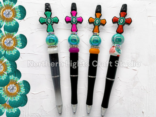 Custom Beaded Turquoise Accent Cross Pen, Silicone Cross Pen, Turquoise Faith Pen, Handmade Cross Gift, Stocking Stuffer Pen