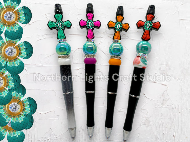 Custom Beaded Turquoise Accent Cross Pen, Silicone Cross Pen, Turquoise Faith Pen, Handmade Cross Gift, Stocking Stuffer Pen