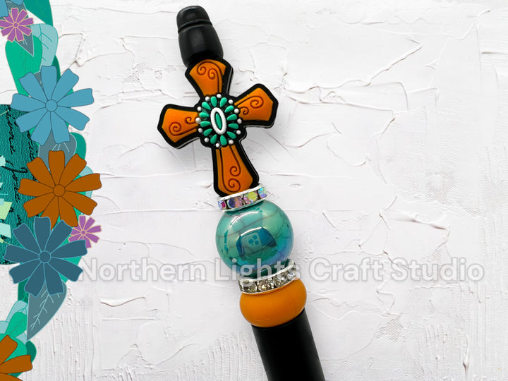 Custom Beaded Turquoise Accent Cross Pen, Silicone Cross Pen, Turquoise Faith Pen, Handmade Cross Gift, Stocking Stuffer Pen