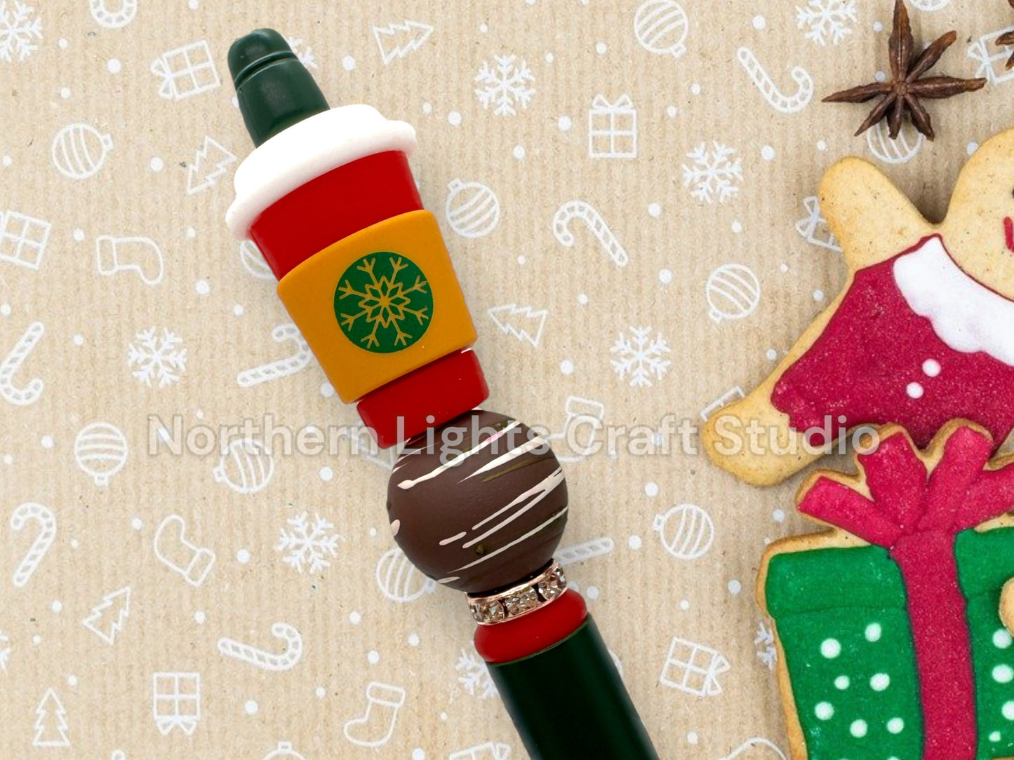 Limited Edition 3D Christmas Coffee Pen, Beaded Pens, Beaded Coffee Pens, Peppermint Mocha Gift