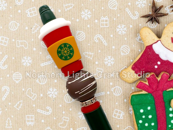 Limited Edition 3D Christmas Coffee Pen, Beaded Pens, Beaded Coffee Pens, Peppermint Mocha Gift