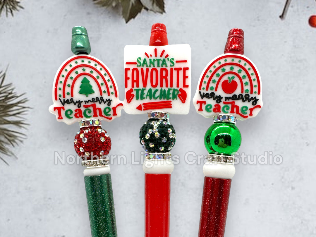 Teacher Appreciation Beaded Pen, Custom Beaded Teacher Pen, Teacher Christmas Gift, Very Merry Teacher, Santa&