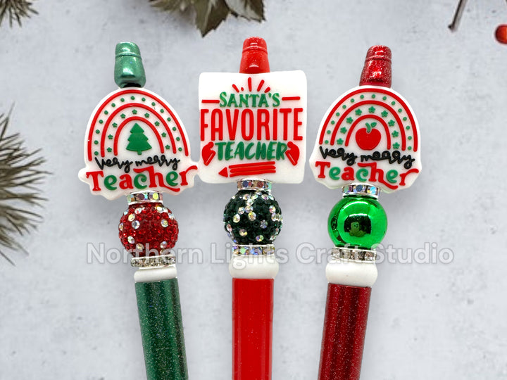 Teacher Appreciation Beaded Pen, Custom Beaded Teacher Pen, Teacher Christmas Gift, Very Merry Teacher, Santa&