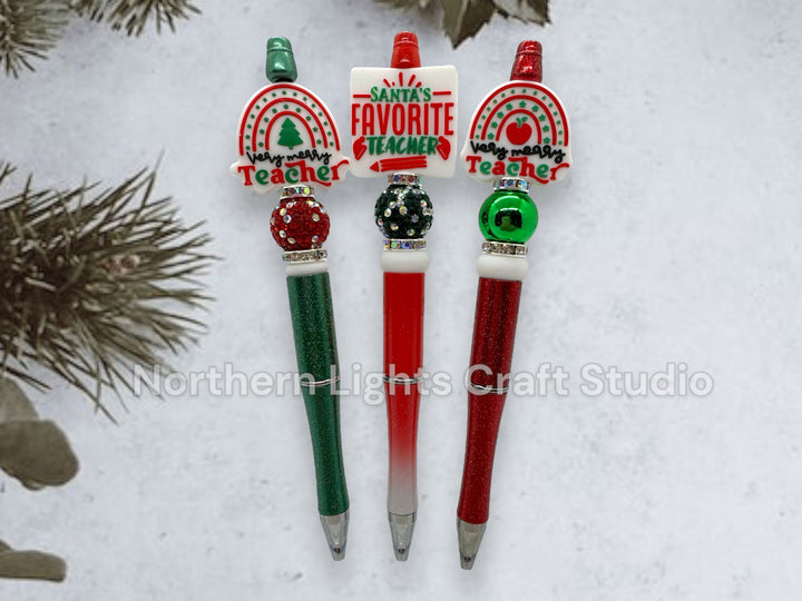 Teacher Appreciation Beaded Pen, Custom Beaded Teacher Pen, Teacher Christmas Gift, Very Merry Teacher, Santa&