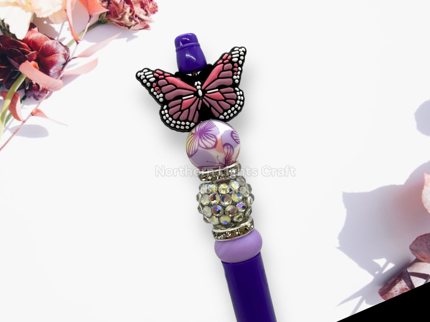 Custom Beaded Butterfly Pen, Butterfly Bead Pen, Bling Pen, Cute Pen, Spring Pen, Inexpensive Stocking Stuffer, Silicone Focal Pen
