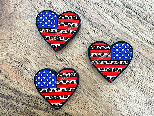 Leopard Print Flag Heart Focal, Flag Focal, USA Focal, Leopard Print Heart Charm, Patriotic Focal, Summer Focal, 4th of July Focal