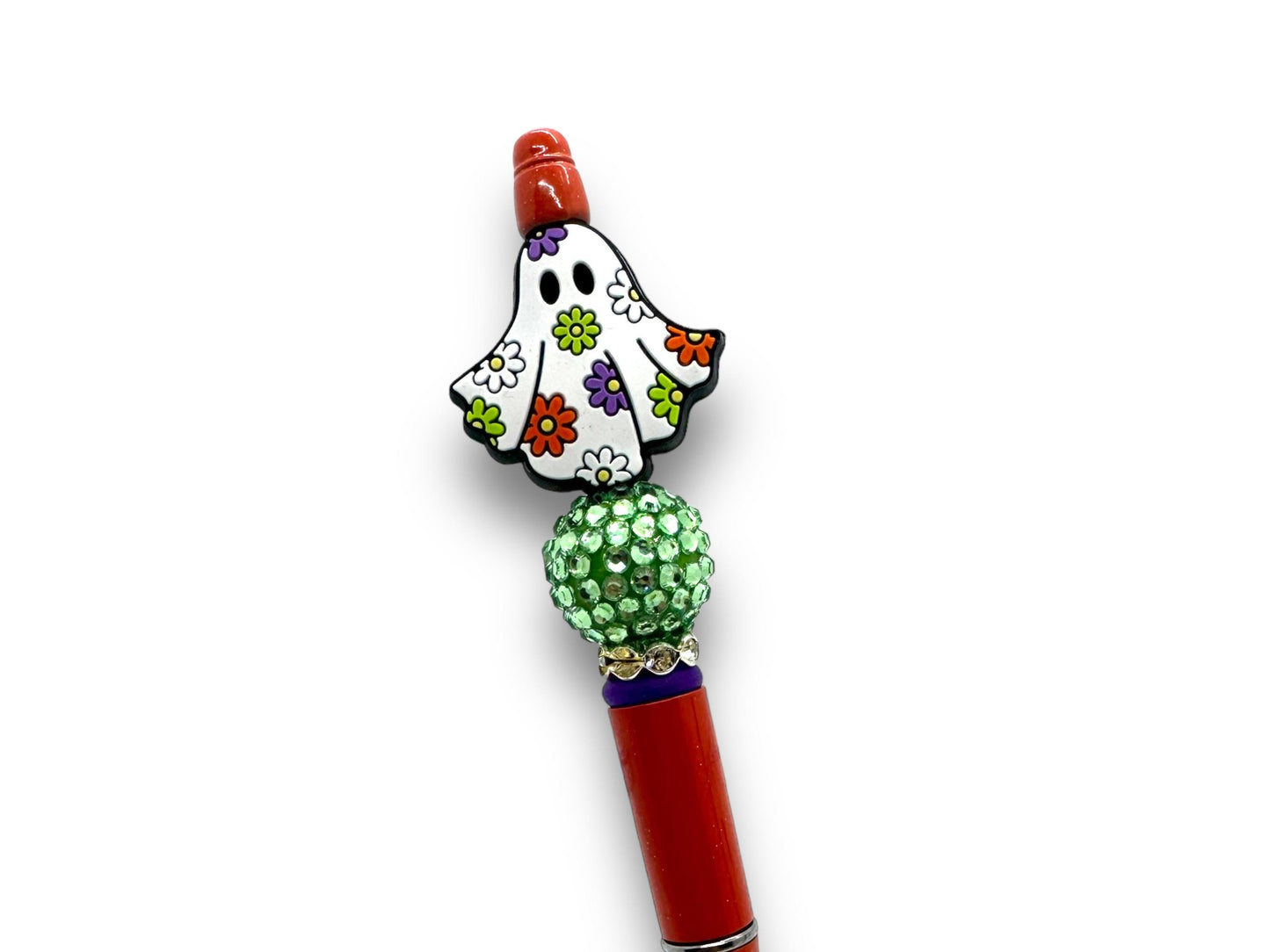 Ghost Pen, Flower Ghost, Flower Ghost Pen, Beaded Flower Ghost Pen, Rhinestone Ghost Pen, Bling Ghost, Cute Ghost Pen, Spooky Pen
