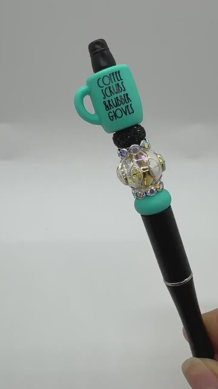 Custom Beaded Nurse Coffee Pens, Medical Staff Pens, Coffee Scrubs Rubber Gloves Coffee Bead Pen