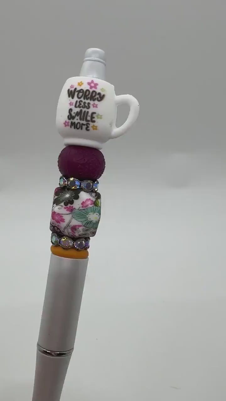 3D Worry Less Smile More Mug Focal Pen, Positive Attitude, Bling Pen, Flower Mug Pen