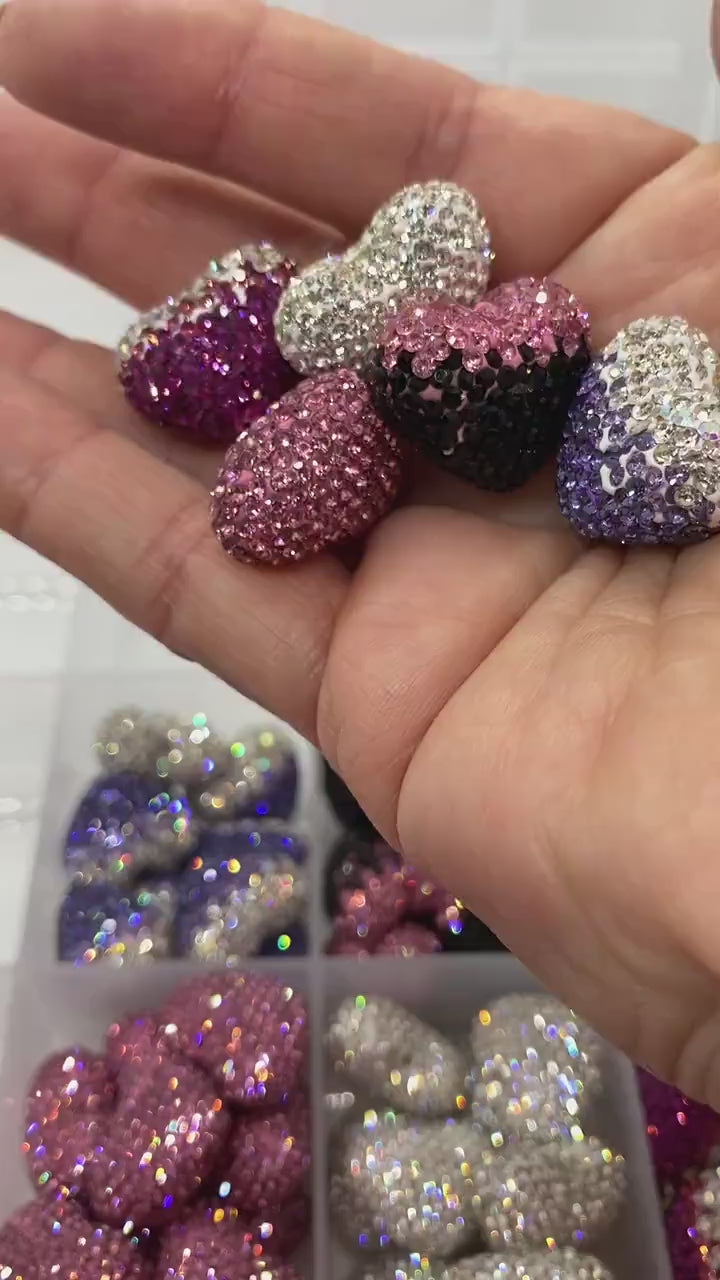 Rhinestone Heart Beads, Pave Heart Crystal Beads, Clay Pave Rhinestone Hearts, Crystal Hearts, Bling Hearts,  - Read Description