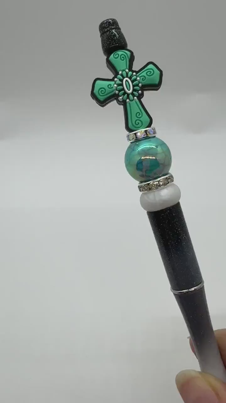 Custom Beaded Turquoise Accent Cross Pen, Silicone Cross Pen, Turquoise Faith Pen, Handmade Cross Gift, Stocking Stuffer Pen