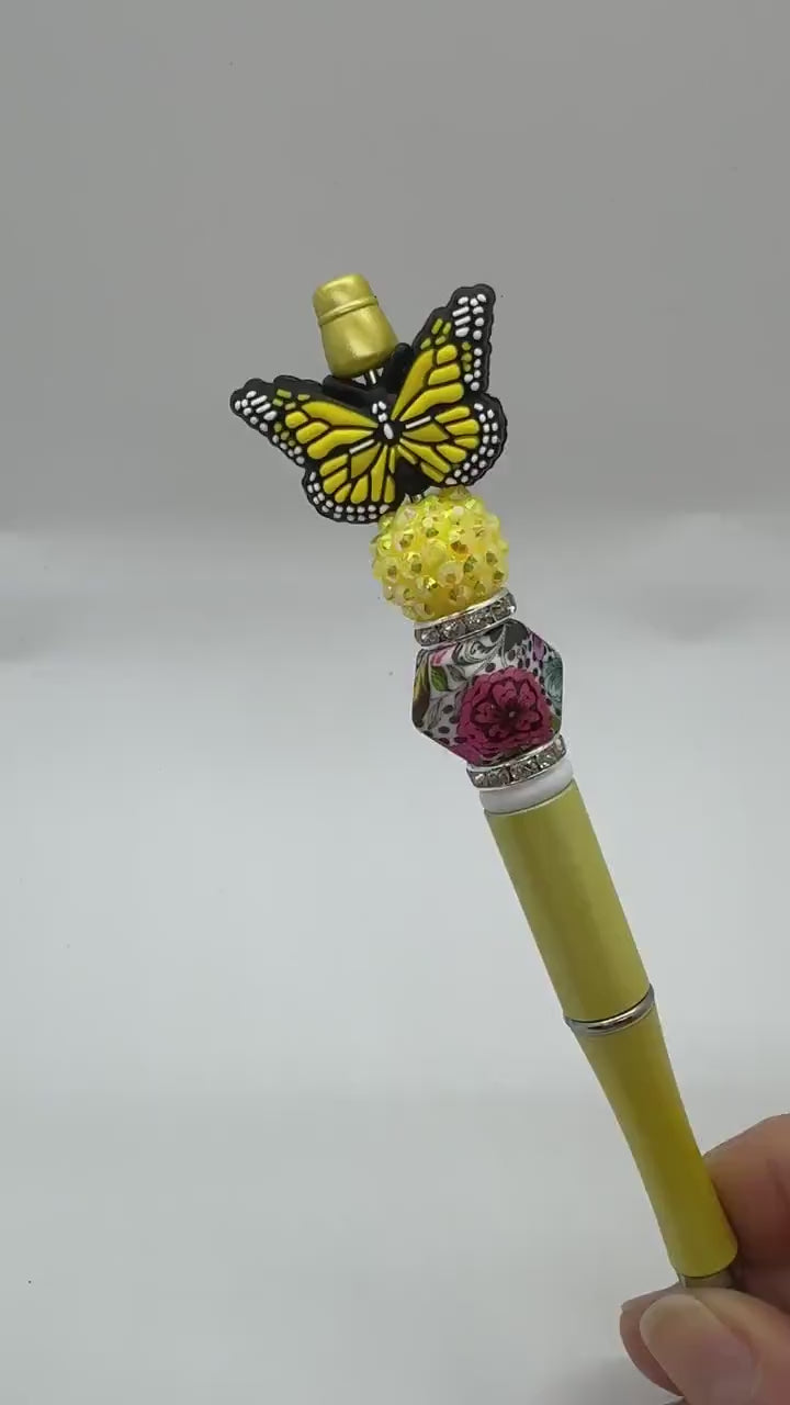Custom Beaded Butterfly Pen, Butterfly Bead Pen, Bling Pen, Cute Pen, Spring Pen, Inexpensive Stocking Stuffer, Silicone Focal Pen